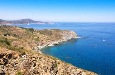 Rocky shore in marine reserve of Cerbere Banyuls, Mediterranean sea, Pyrenees Orientales, Cote Vermeille