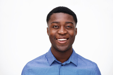 Close up portrait of happy young african american man against isolated white background