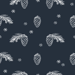 Winter seamless pattern with hand drawn cones and pine spruce. Hand drawn Christmas, New Year elements with chalk on the blackboard. Vector illustrator.