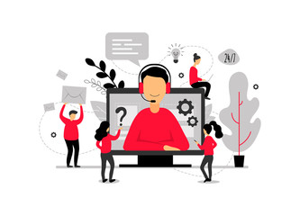 Technical support online, operator is talking to the client, 24h customer service for web page, hotline support, virtual help service - vector illustration