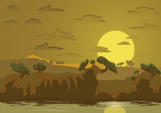 Abstract tropican landscape.River in the jungle.flat design