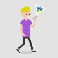 Young character man walking and speaking video chat with her girlfriend. Flat vector illustration, clip art