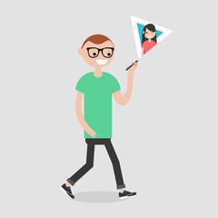 Young character man walking and speaking video chat with her girlfriend. Flat vector illustration, clip art