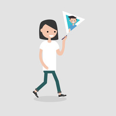 Young character women walking and speaking video chat with her friend. Flat vector illustration, clip art
