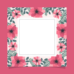 Floral greeting card and invitation template for wedding or birthday anniversary, Vector square shape of text box label and frame, Pink flowers wreath ivy style with branch and leaves.