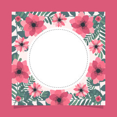Floral greeting card and invitation template for wedding or birthday anniversary, Vector circle shape of text box label and frame, Pink flowers wreath ivy style with branch and leaves.