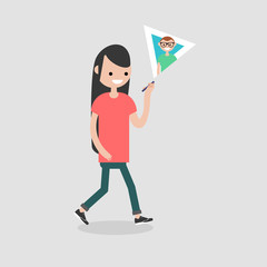 Young character women walking and speaking video chat with her friend. Flat vector illustration, clip art