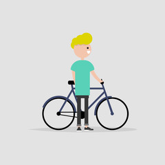 Young male character standing with a bike. Healthy lifestyle. Flat design