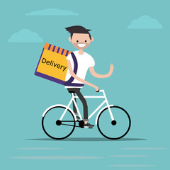 bicycle delivery character with parcel box on the back. Ecological city bike food delivering service concept with courier carrying package on modern city background. delivery cyclist.