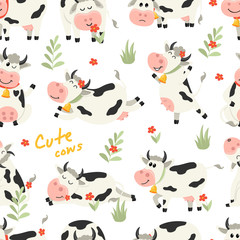Seamless pattern with cute Cows character in various positions