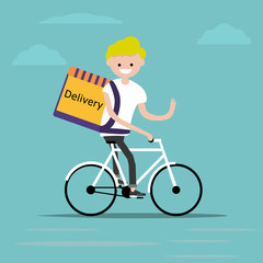 bicycle delivery character with parcel box on the back. Ecological city bike food delivering service concept with courier carrying package on modern city background. delivery cyclist.