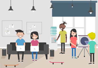 Vector illustration of coworking space. Working place, office. Modern office. Millennials at work. Flat design.