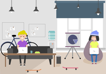 Vector illustration of coworking space. Working place, office. Modern office. Millennials at work. Flat design.