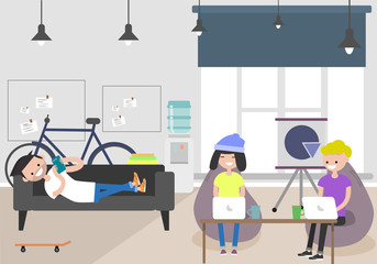 Vector illustration of coworking space. Working place, office. Modern office. Millennials at work. Flat design.