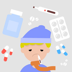 Sick boy with the symptoms of a cold and flu. Vector flat illustration