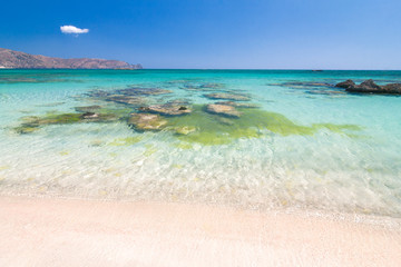 The Elafonissi Beach with crystal clear water, lagoon in the southwest of Crete island, Greece, Europe.