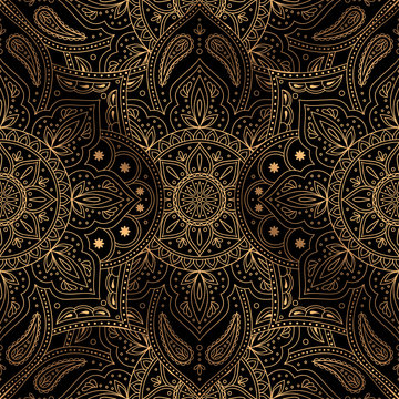 Luxury background vector. Oriental mandala royal pattern seamless. Paisley for Christmas party, new year holiday wrapping paper, yoga wallpaper, beauty spa salon ornament, wedding invitation.
