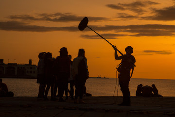 Naklejka premium Film crew team filming movie scene