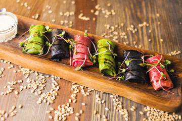 some colored pancakes roll