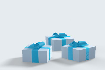 2018 Christmas New Year white gift boxes with blue bows of ribbons isolated on the white background. 3d illustration with copyspace for your text