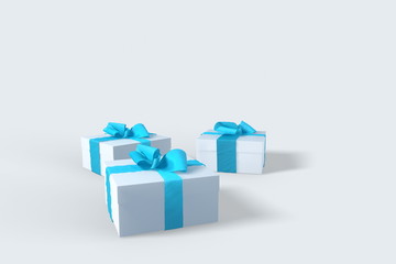 2018 Christmas New Year white gift boxes with blue bows of ribbons isolated on the white background. 3d illustration with copyspace for your text