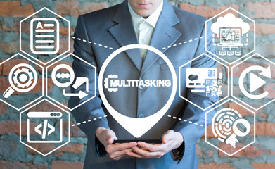 Multitasking mobile technology concept. Businessman offers a smartphone with multitasking working...