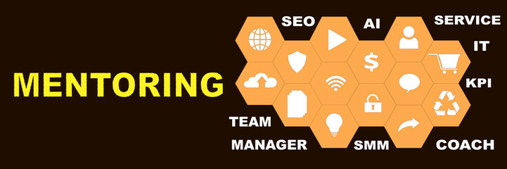 MENTORING Panoramic Banner with icons and tags, words. Hi tech concept. Modern style