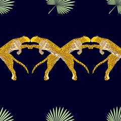 Animalistic exotic tropical seamless pattern with leopards, cheetahs. Fabric, wallpaper, background, design. Vector.