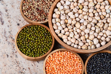 Various assortment of legumes - beans, chickpeas, lentils, black  and green orid dal. Vegetable proteins.