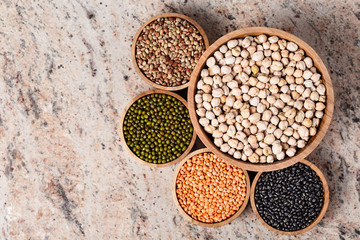 Various assortment of legumes - beans, chickpeas, lentils, black  and green orid dal. Vegetable proteins.