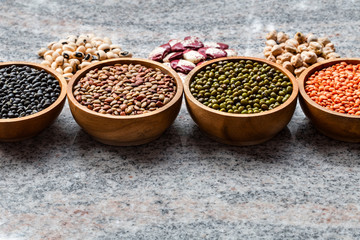 Various assortment of indian legumes. Vegetable proteins. Protein products for vegans.