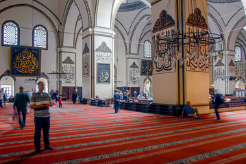 Bursa, Turkey, 30 April 2012: Ottoman Calligraphy, Ulu Mosque or Grand Mosque built in the Seljuk style, it was ordered by the Ottoman Sultan Bayezid I and built between 1396 and 1399. © Kayihan