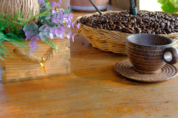 wood cup coffee bean & decorative flower bouquet