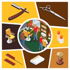 Isometric Barber Shop Elements Composition