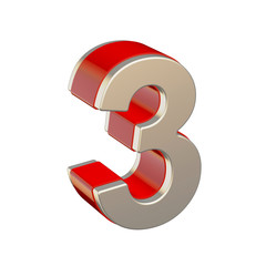 Number 3 with red glass and metallic shell isolated on white background