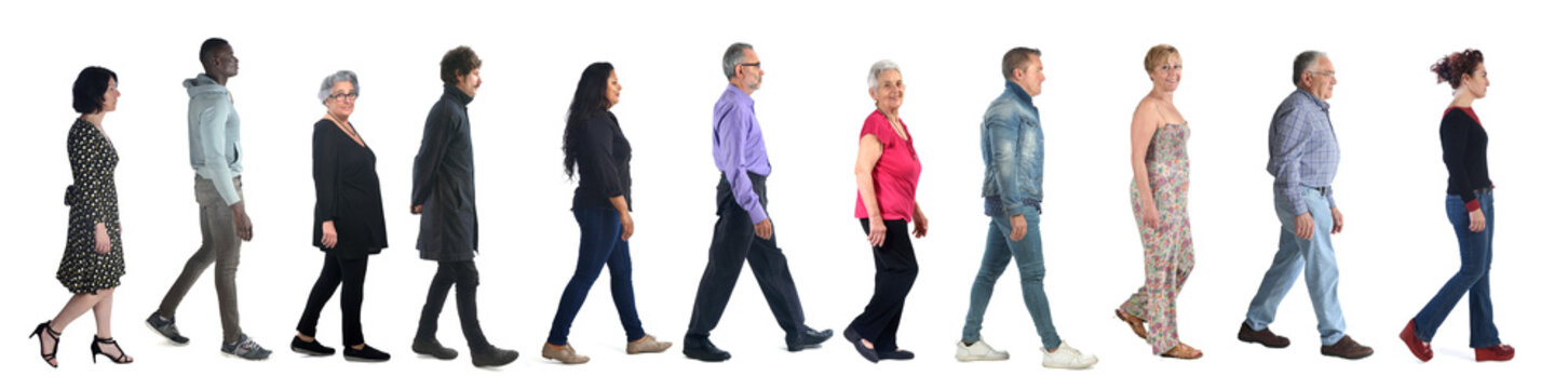 Group Of Mixed People Walking On White