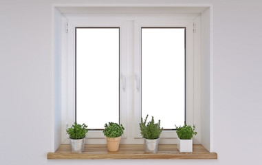 modern interior design white window with wooden sill and spices in pots, 3d illustration, 3d rendering