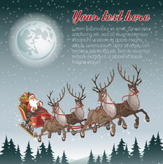 Christmas background with Santa driving his sleigh across the face of the moon on winter night and copyspace for your text