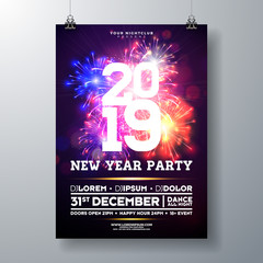 2019 New Year Party Celebration Poster Illustration with Typography Design and Firework on Shiny Colorful Background. Vector Holiday Premium Invitation Flyer Template or Promo Banner.