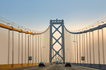 crossing the New bay suspension bridge in San Francisco in late afternoon