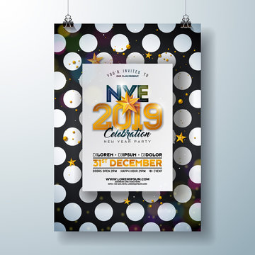 2018 New Year Party Celebration Poster Template Illustration with Shiny Gold Number on Abstract Black and White Background. Vector Holiday Premium Invitation Flyer or Promo Banner.