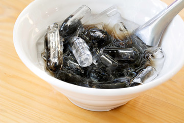 Black grass jelly with jackfruit in syrup and ice, Thai dessert