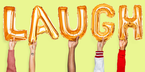 Hands showing laugh balloons word