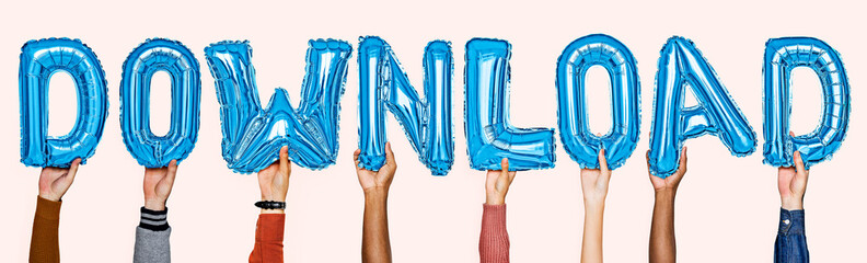 Blue alphabet helium balloons forming the text download