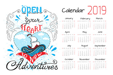 Calendar 2019. Vector design template with motivational quotes. Set of 12 months.