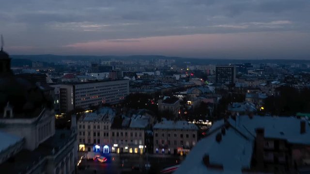 Aerial view of the historical center of Lviv. Shooting with drone. Hyperlapse in evening