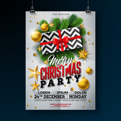 Christmas Party Flyer Illustration with Gift Box, Gold Star, Glass Ball and Typography Lettering on White Background. Vector Celebration Poster Design Template for Invitation or Banner.