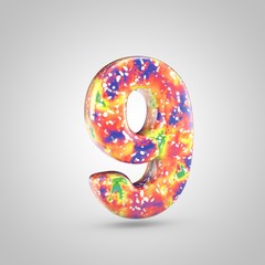 Bright acrylic pouring number 9 isolated on white background