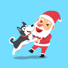 Vector cartoon santa claus with siberian husky dog