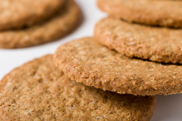 Close-up of low-calorie cookies on white background